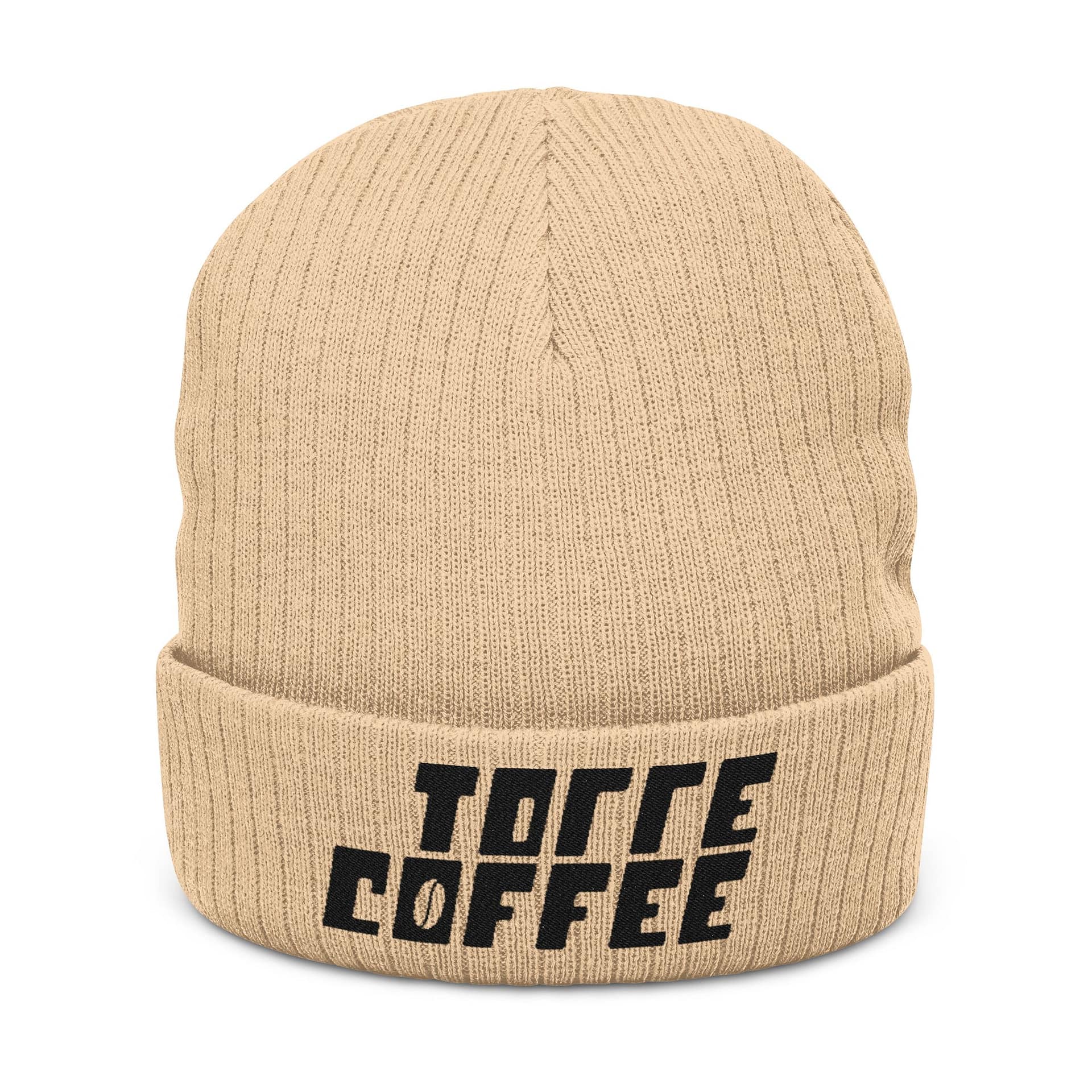 Embroidered 'Torre Coffee' Ribbed Knit Beanie